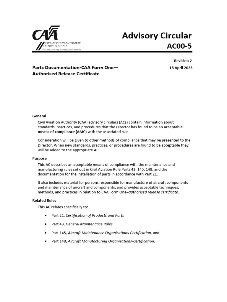 AC00-5 Rev 2: CAA Release Certificate Guide | PDF | Aviation