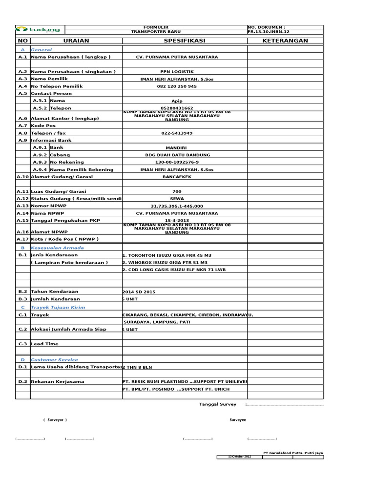 Formulir Transporter Baru PPN Logistik | PDF