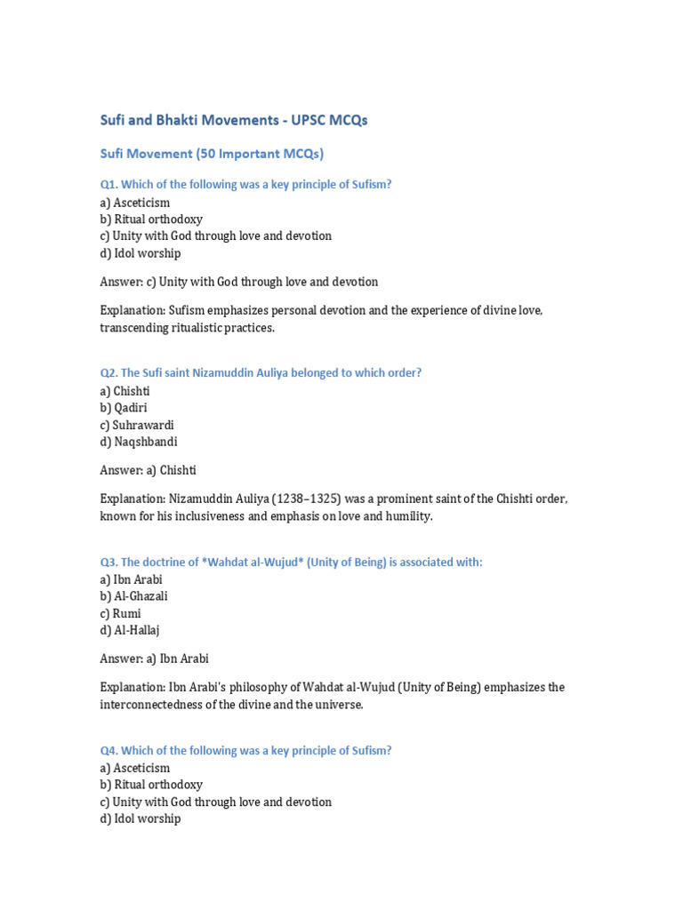 Sufi and Bhakti Movements MCQs | PDF | Bhakti Movement | Sufism