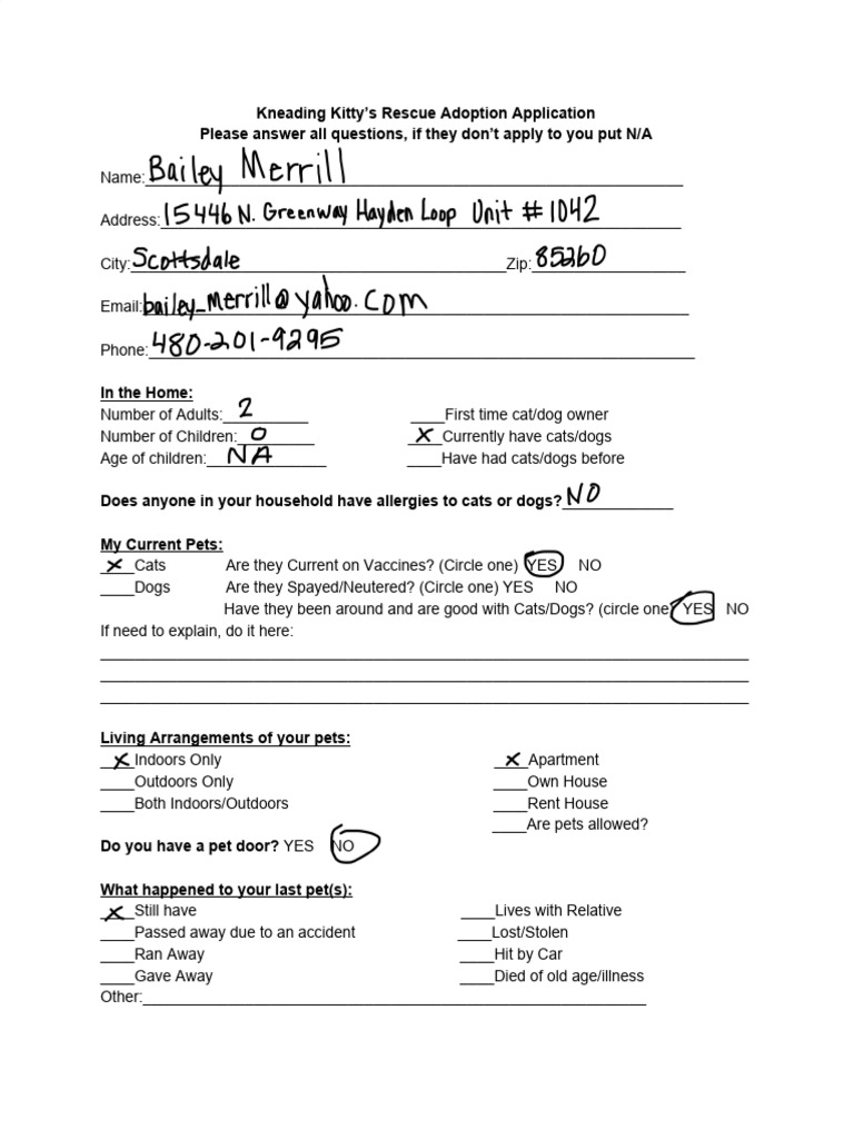 Kneading Kitty Adoption Application Form | PDF | Cats | Pet