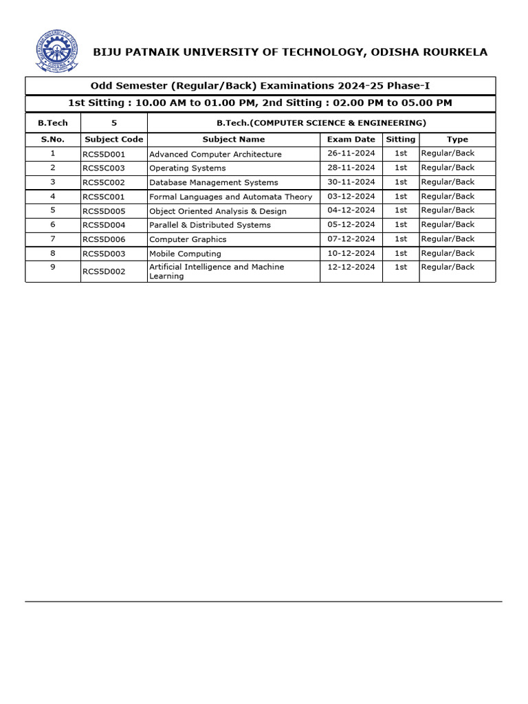 B.Tech Computer Science Exam Schedule 2024 | PDF