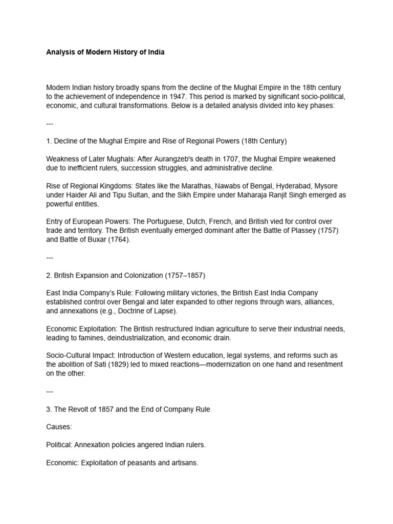 Modern History of India: 1700-1947 Analysis | PDF | British Raj ...