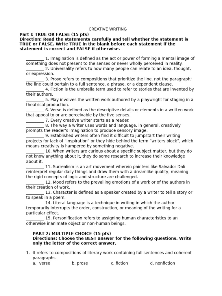 Creative Writing 1ST Quarter Exam | PDF | Metaphor | Poetry