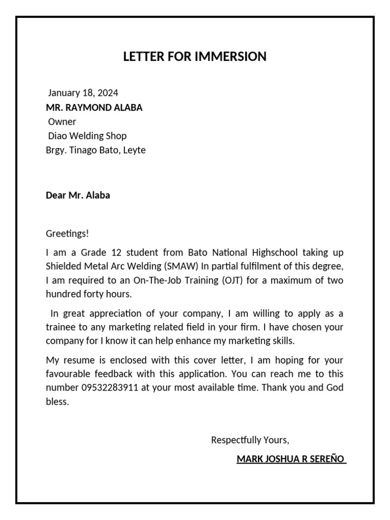 OJT Application Letter for Marketing Trainee | PDF