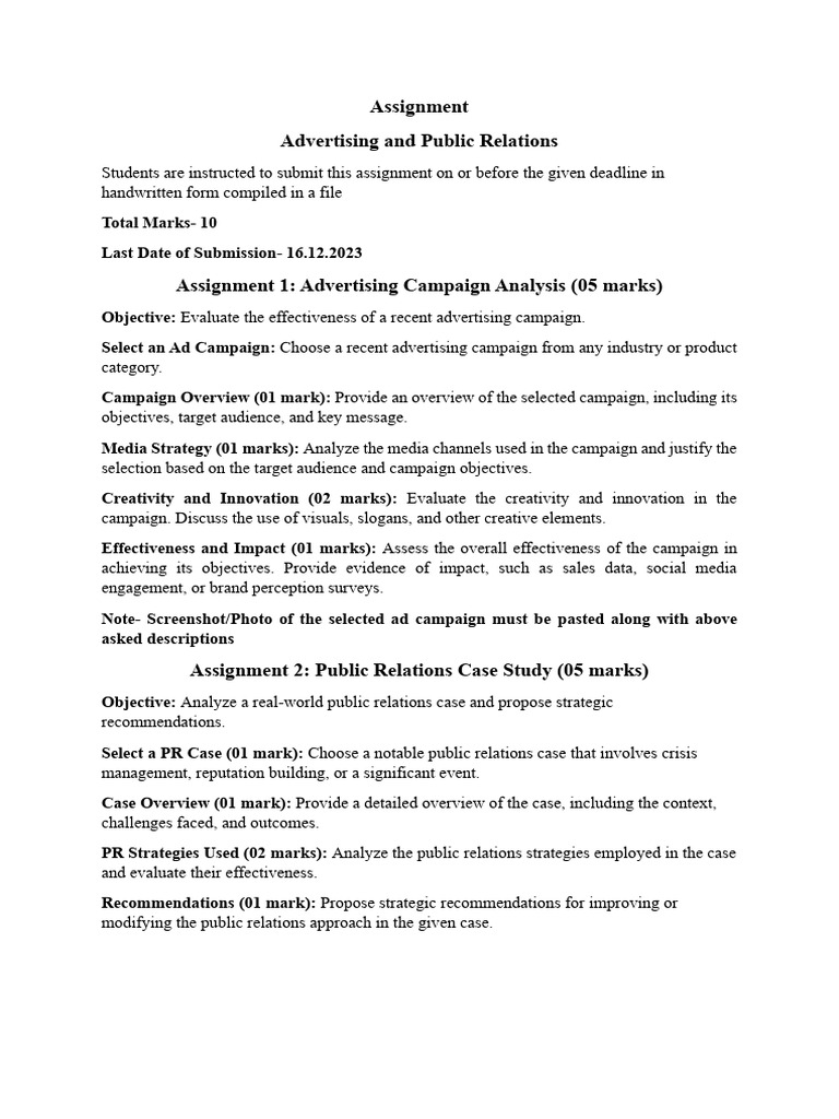 Advertising and PR Assignment Guide | PDF
