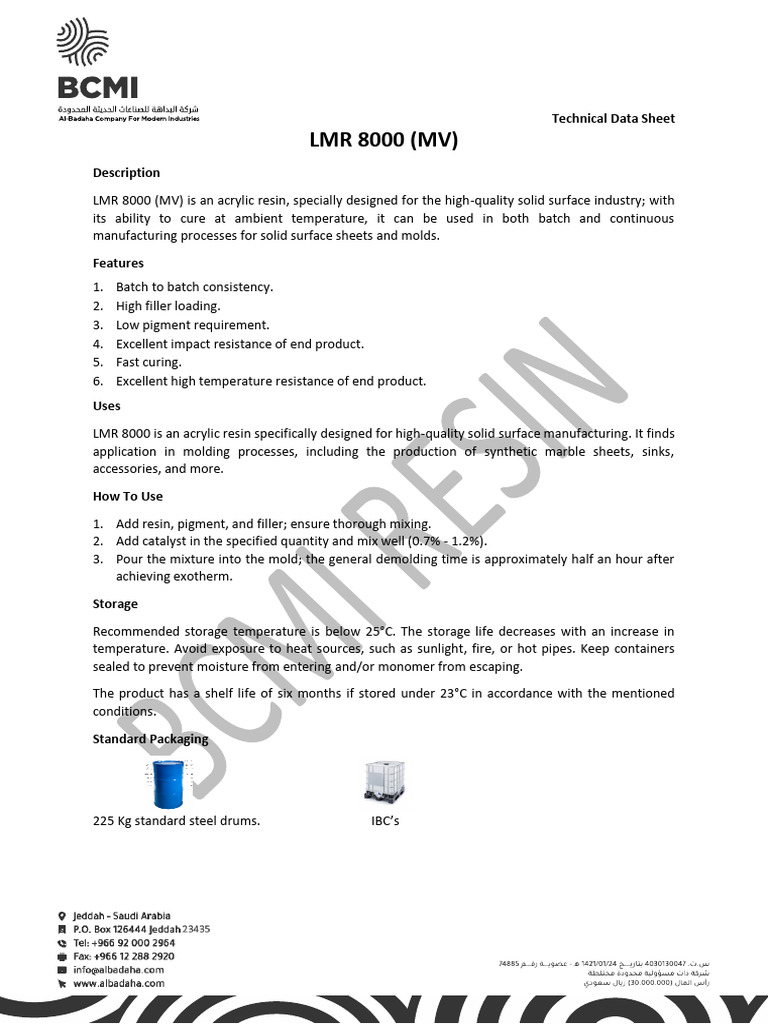LMR 8000 Acrylic Resin for Solid Surfaces | PDF | Poly(Methyl ...