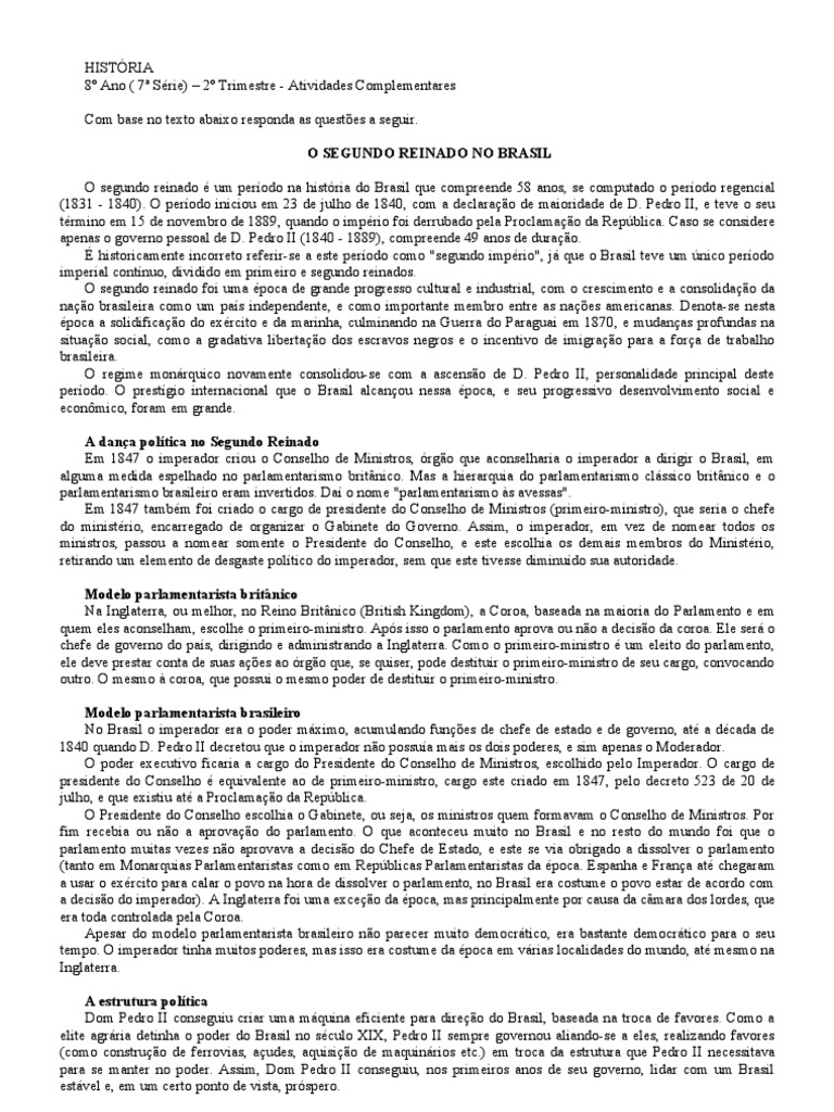 Atividade Segundo Reinado Monarquia Sistema Parlamentar