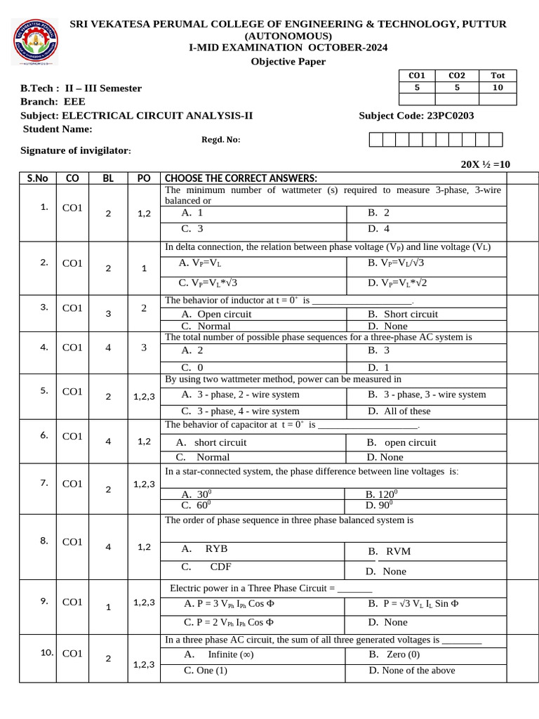 Electrical Circuit Analysis-II MID-1 Q.P - SET 2 | PDF | Electrical ...