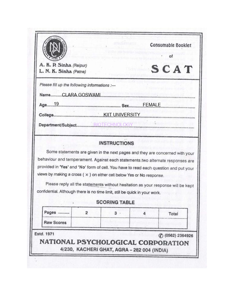 SCAT Questionnaire Response | PDF