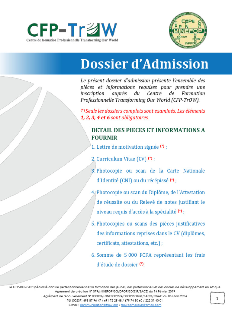 Dossier d'Admission CFP-TrOW | PDF | Sécurité