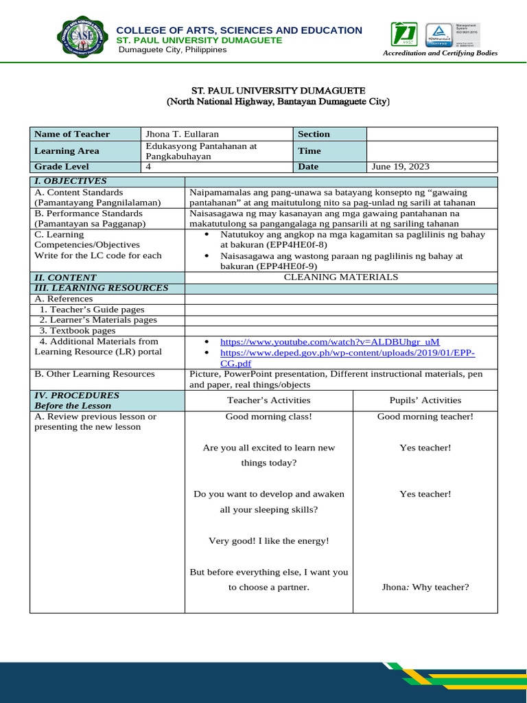 Lesson Note on Cleaning Materials | PDF | Teachers | Learning
