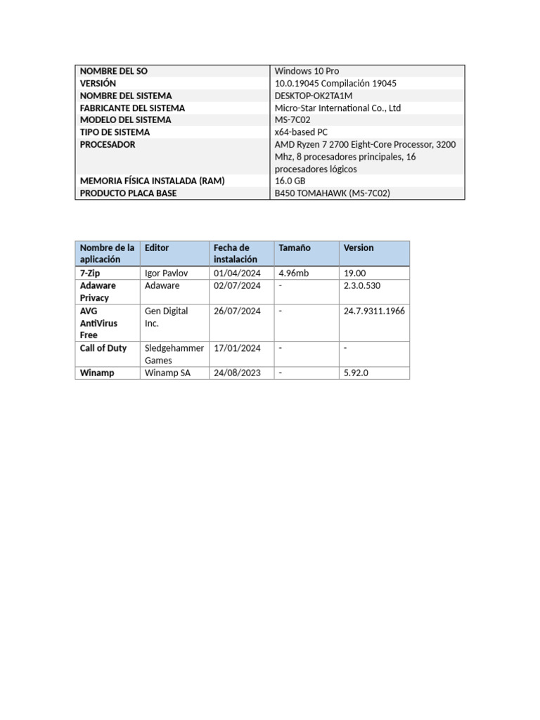 Especificaciones de PC y Software Instalado | PDF