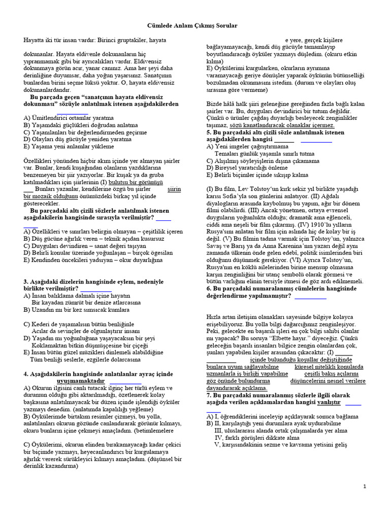 Cümlede Anlam Çıkmış Sorular 4 | PDF