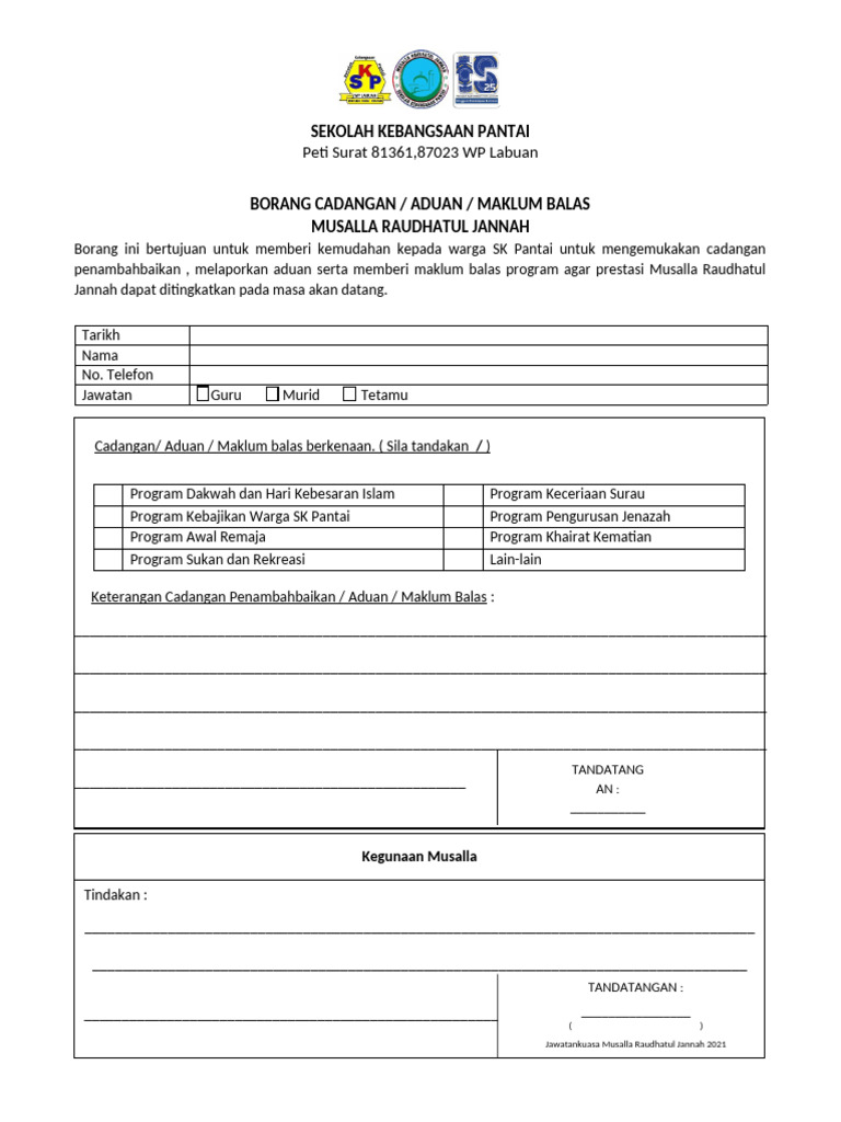 Borang Cadangan Dan Maklum Balas | PDF