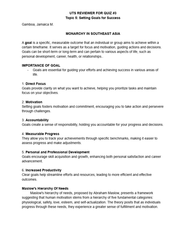 Goal Setting and Maslow's Theory Guide | PDF | Goal | Self Efficacy