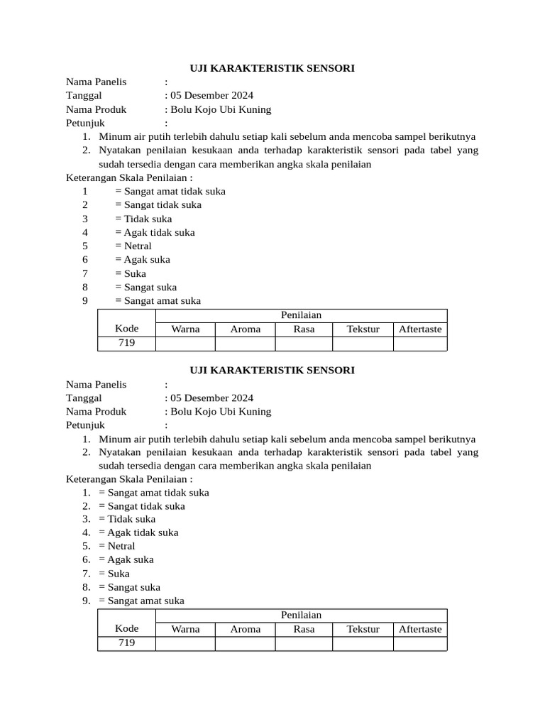 Form Uji Organoleptik | PDF