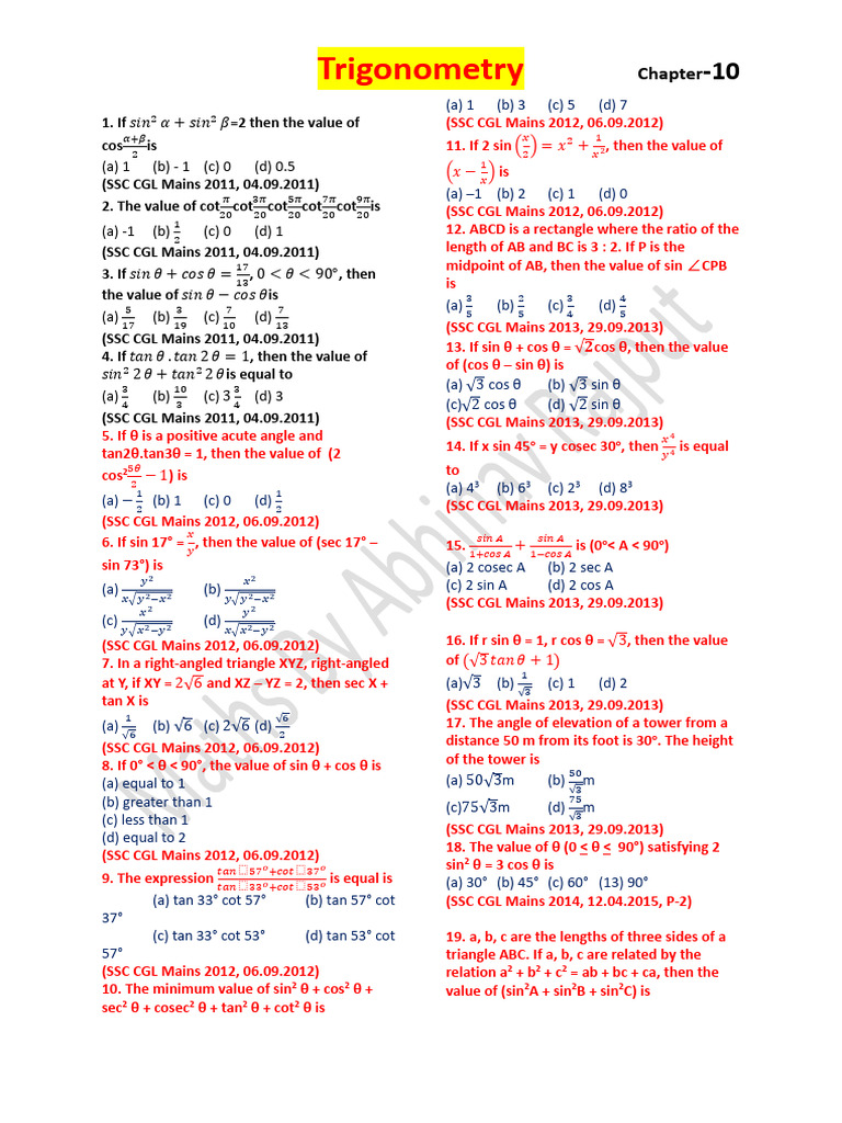 Trigonometry (2011 To 2023 Mains Questions) | PDF | Euclid | Classical ...