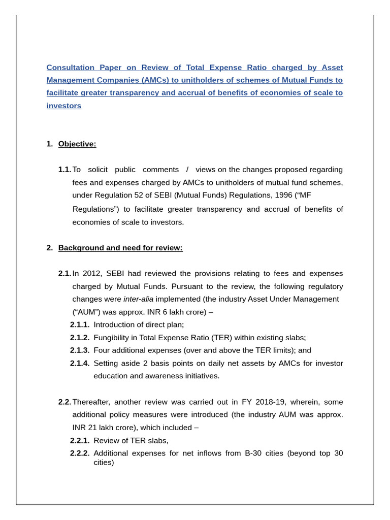 Consultation Paper On Review of Total Expense Ratio Charged by Asset ...
