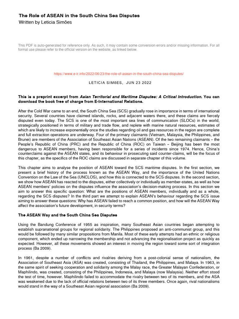 The Role of ASEAN in The South China Sea Disputes | PDF | South China ...