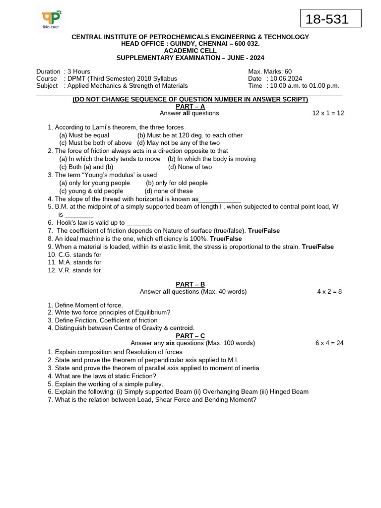 Applied Mechanics Exam - June 2024 | PDF | Bending | Force