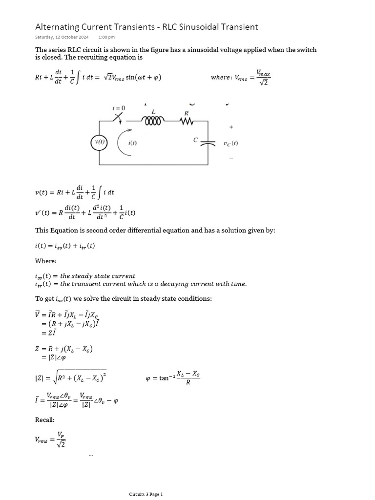 RLC Circuit Sinusoidal Transient Analysis | PDF