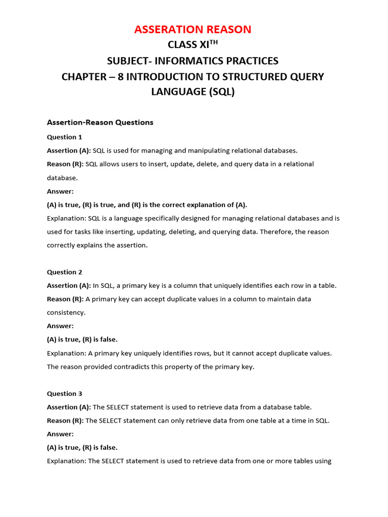 SQL Assertion-Reason Questions Guide | PDF | Relational Model | Sql