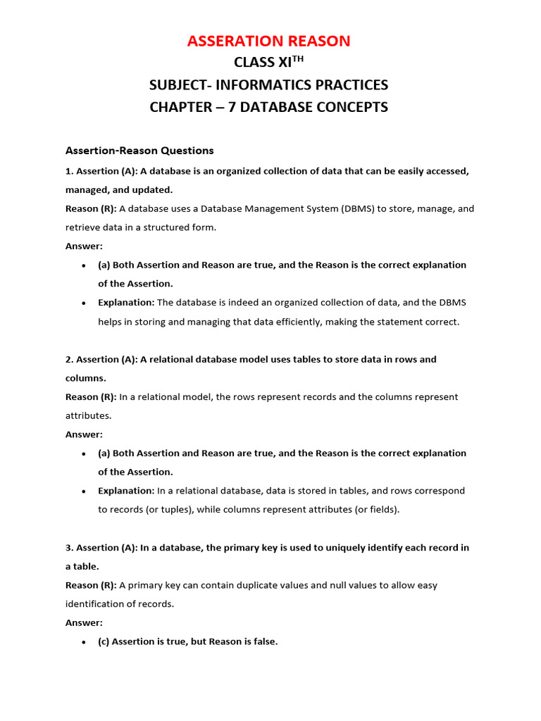 Assertion-Reason DBMS Questions Class 11 | PDF | Relational Model ...