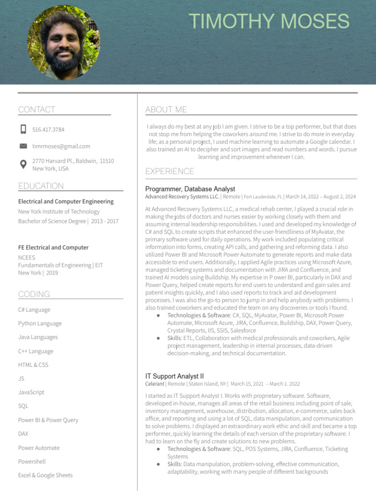 Timothy Moses: Electrical Engineer & Programmer | PDF | Software | Sql