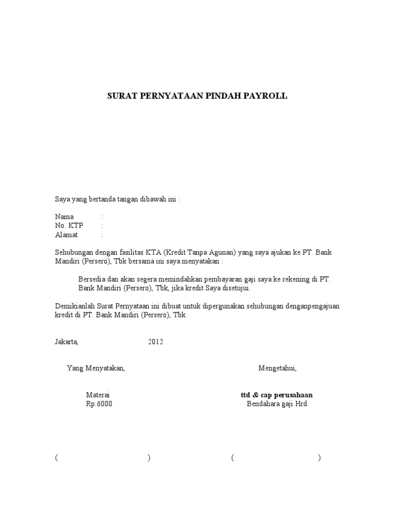 Surat Pernyataan Pindah Payroll