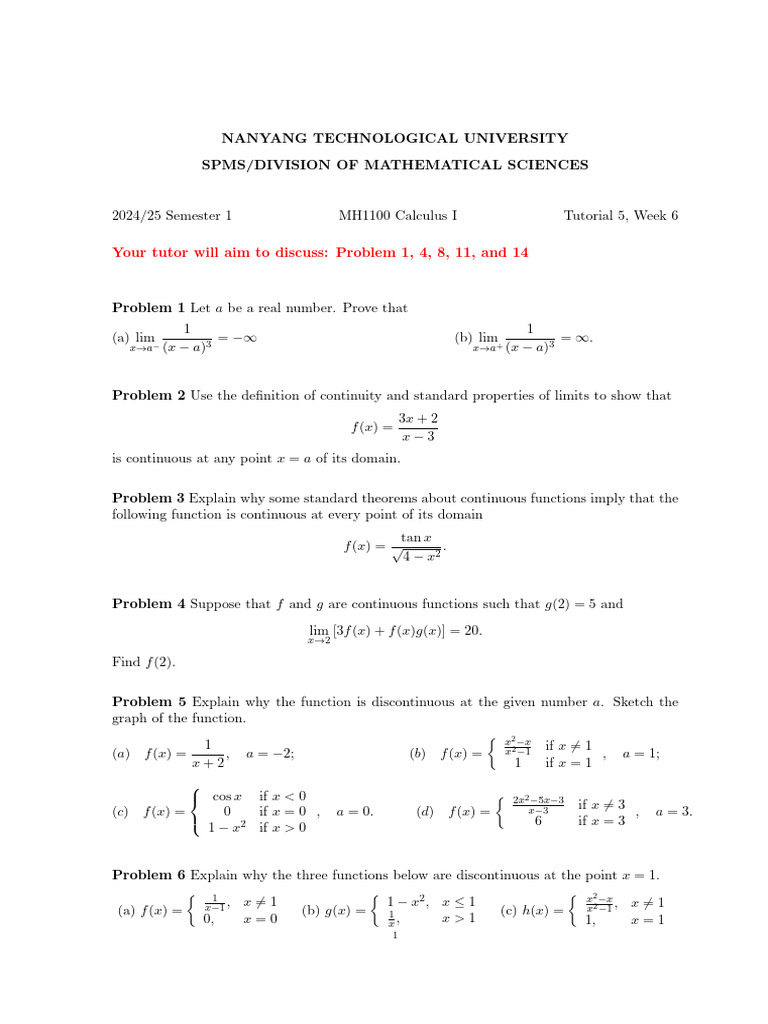 Calculus I Tutorial Problems 2024/25 | PDF | Function (Mathematics ...