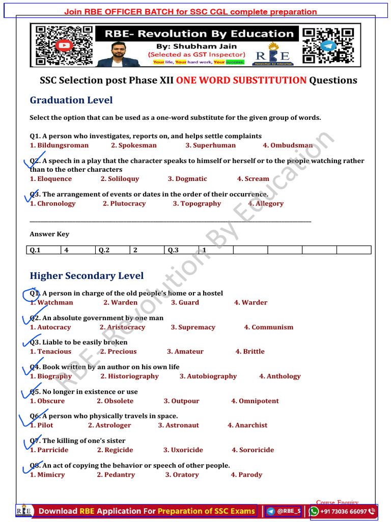 ONE WORD SUBSTITUTION Selection Post Phase XII All RBE Compressed | PDF