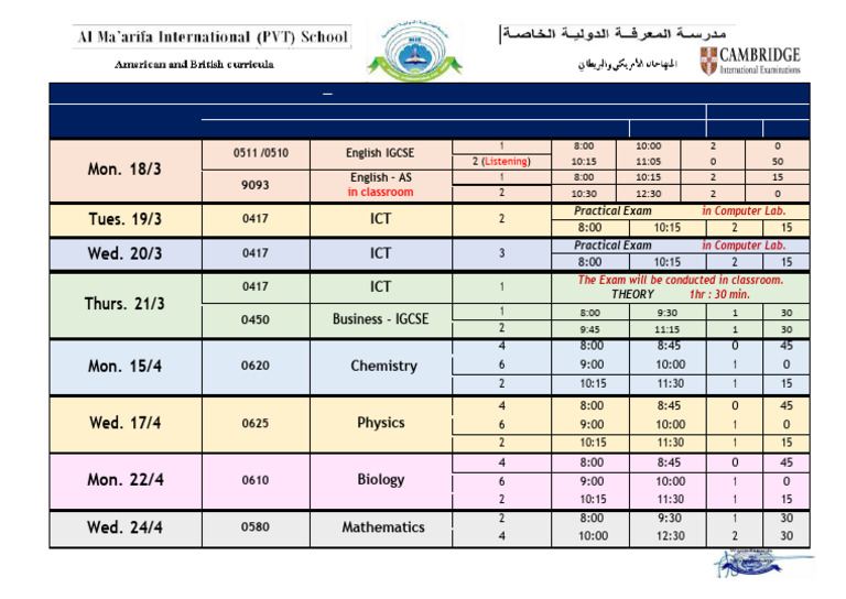 Mock Exam Schedule March/April 2024 | PDF | Science | Schools