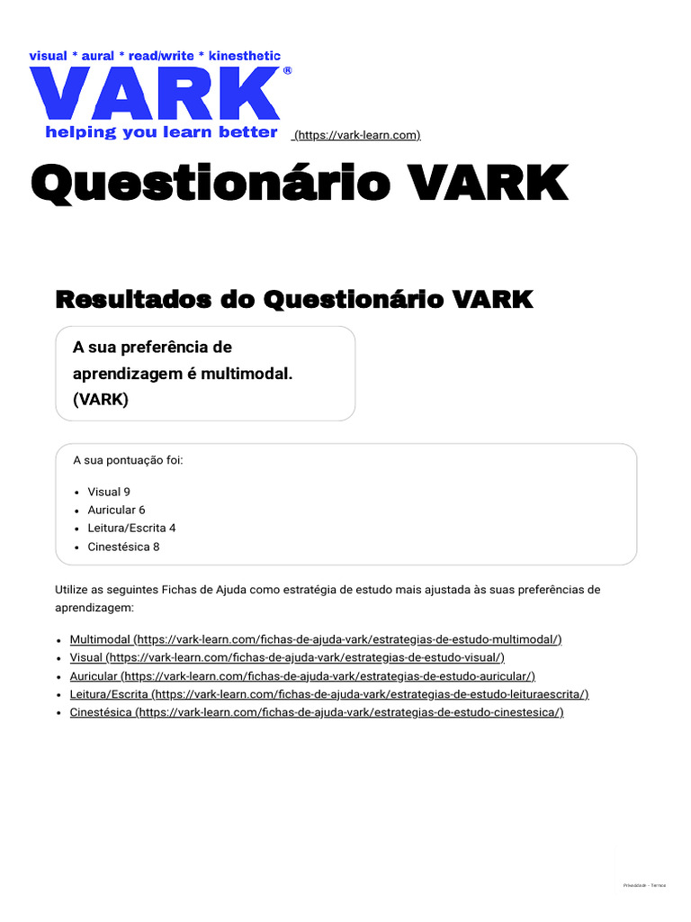 Questionário VARK - VARK | PDF