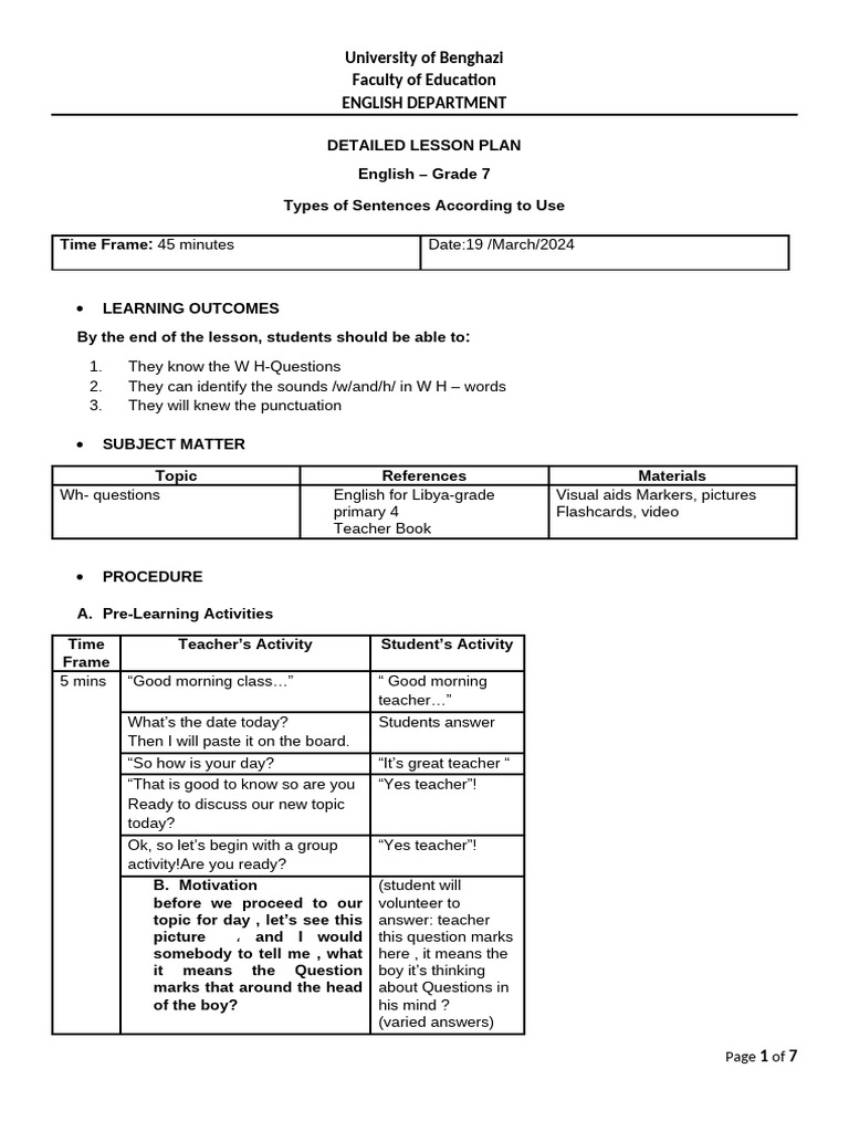Grade 7 English Lesson Plan: WH-Questions | PDF | Question | Lesson Plan