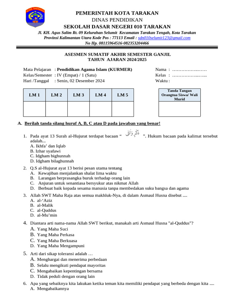 Asesmen Akhir Semester Agama Islam SD 2024 | PDF