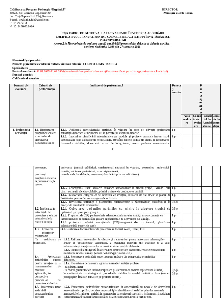 Fisa Autoevaluare Educatoare 2023-2024 Cornea | PDF
