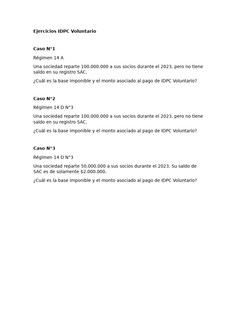 Ejercicios sobre IDPC Voluntario 2023 | PDF