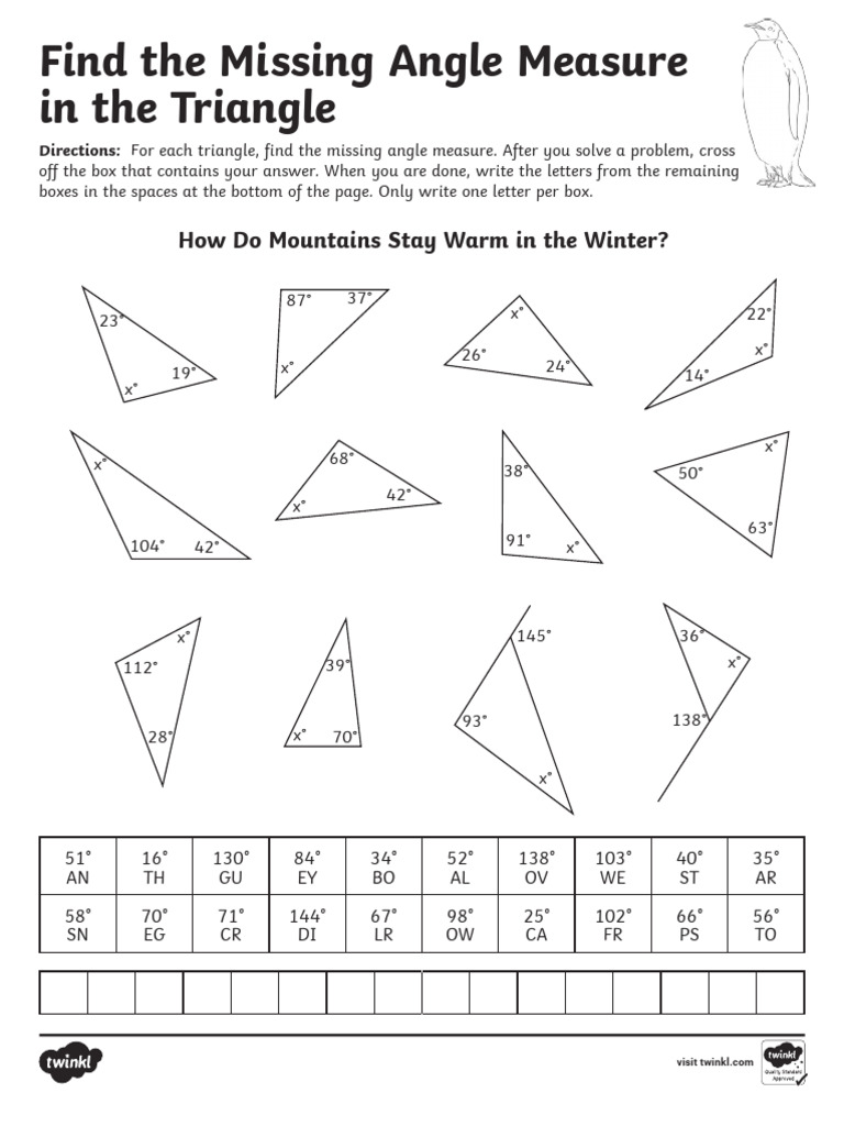 BW Eighth Grade Find The Missing Angle Measure in The Triangle Winter ...