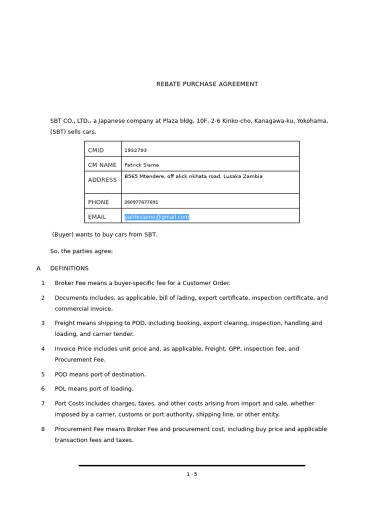 Rebate Purchase Agreement CM ID 1932793 | PDF | Coupon | Legal Liability