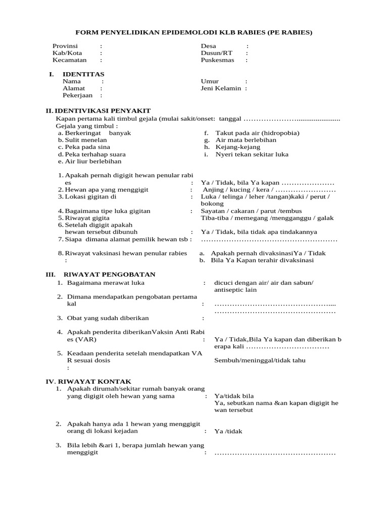 Formulir Penyelidikan KLB Rabies | PDF