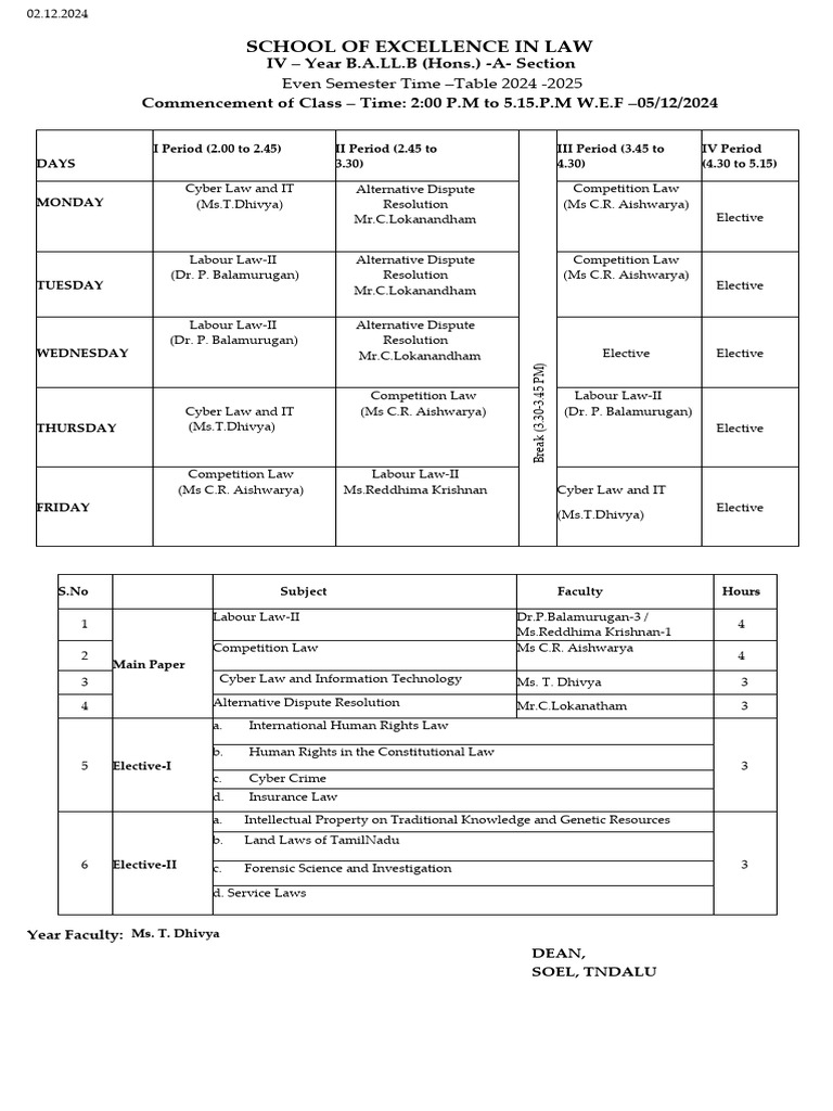 IV-year 5yr Course Even Sem 2024-25 Time Table 02.12..2024 | PDF ...
