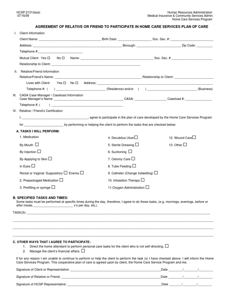 Home Care Services Agreement Form 2131 | PDF | Home Care | Medicine