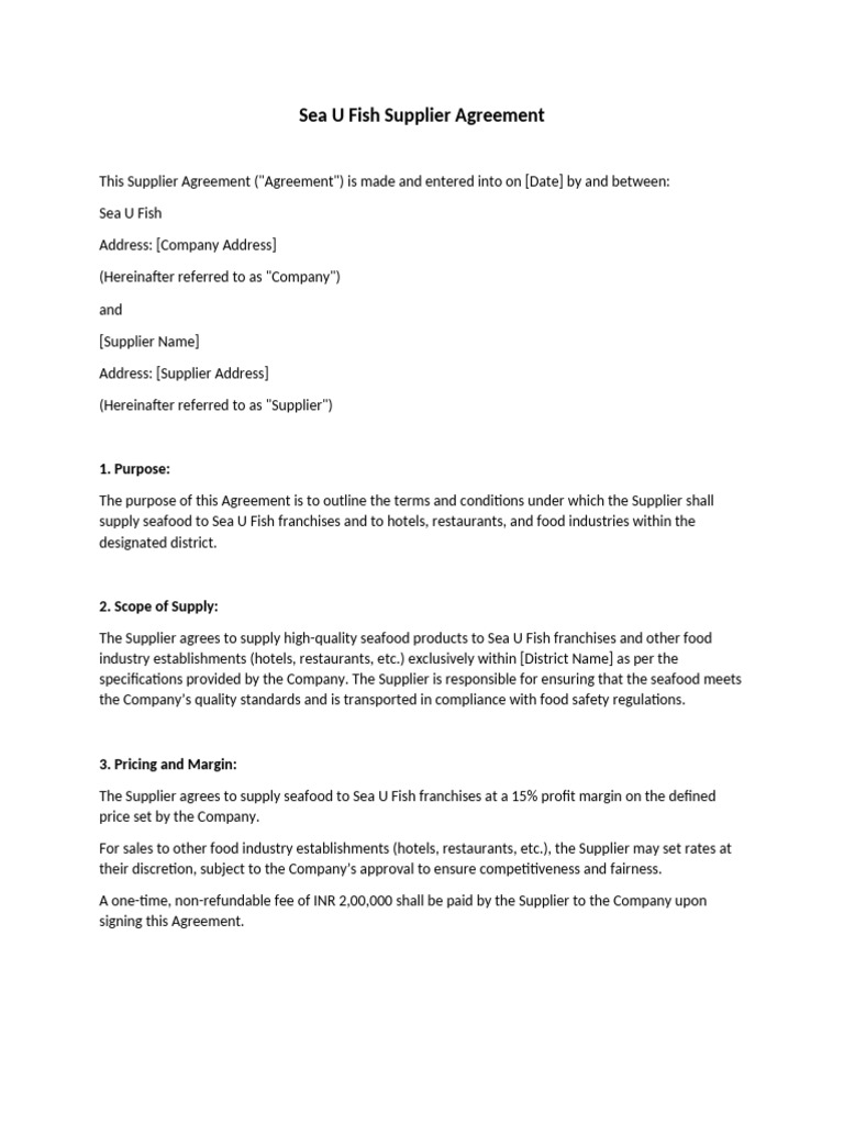 Sea U Fish Supplier Agreement | PDF | Indemnity | Franchising