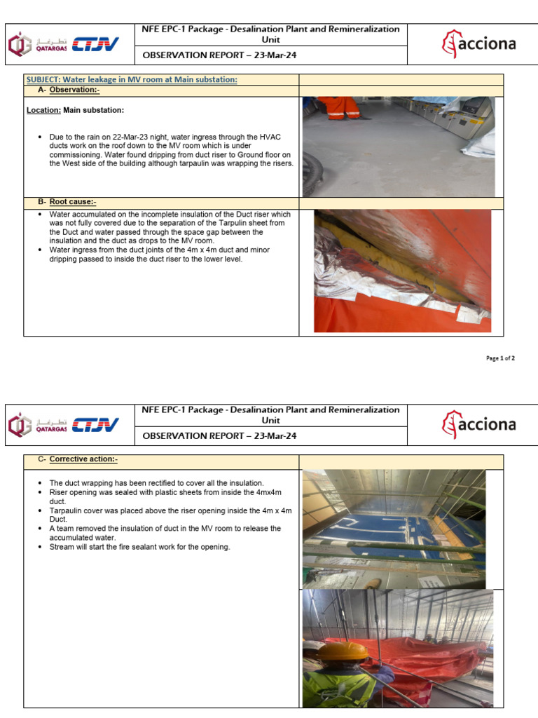 Water Leakage Report - MV Room Issues | PDF