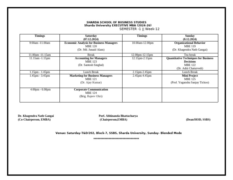 12th Week - EMBA - Timetable - 7& 8 December 2024 | PDF | Business