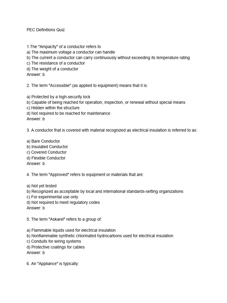 PEC Electrical Definitions Quiz | PDF | Electrical Wiring | High Voltage