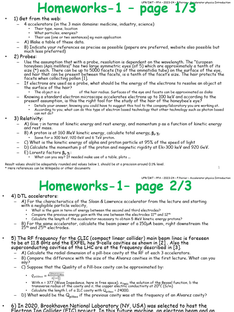 PFA Homework1 2023-24 | PDF | Particle Accelerator | Electronvolt