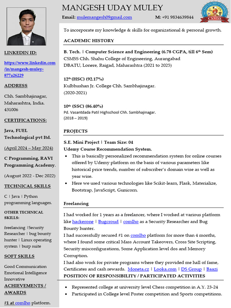 Resume-MangeshMuley College Format | PDF | Computer Programming | Computing
