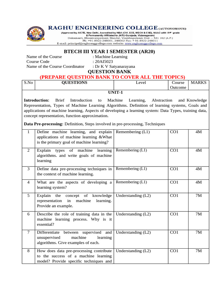 Machine Learning Question Bank for BTECH | PDF | Receiver Operating ...