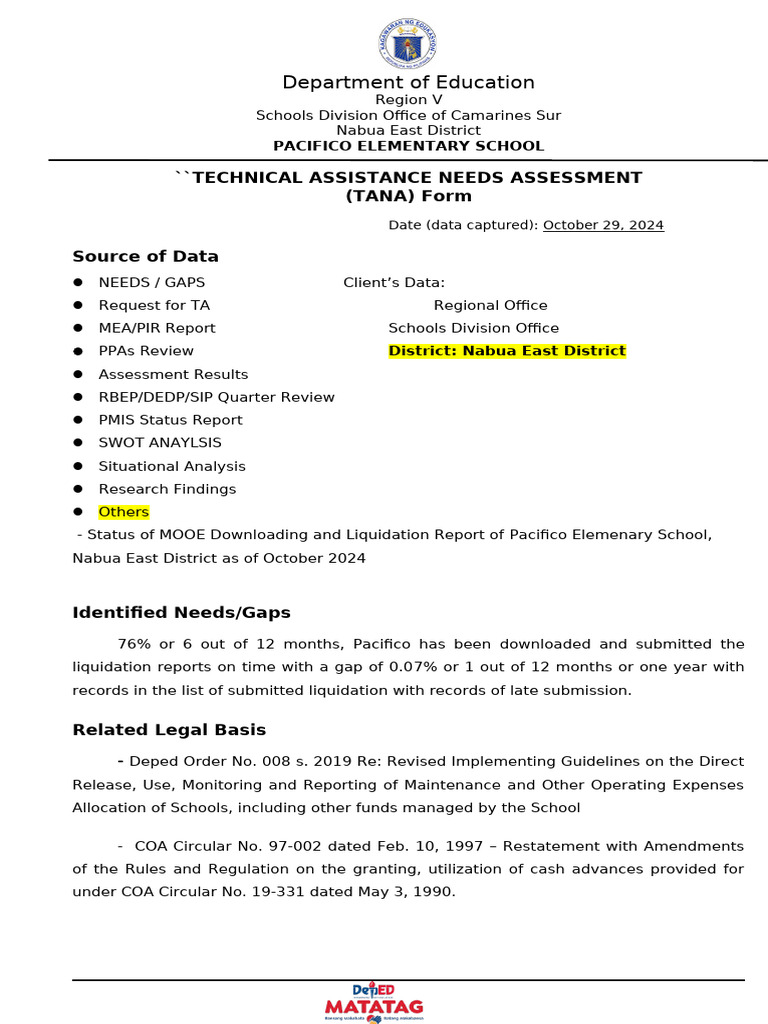TANA Report for Pacifico Elementary School | PDF